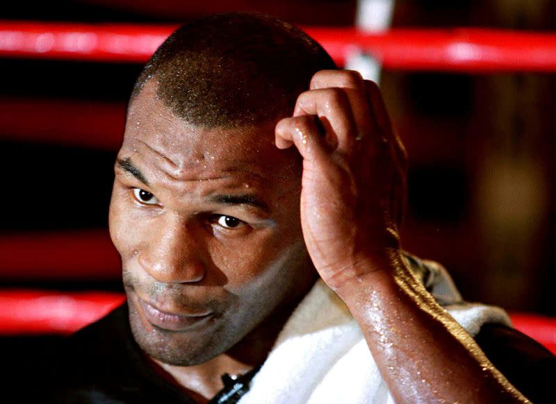 FILE PHOTO: Mike Tyson takes questions during a press conference at the MGM Grand Hotel in Las Vegas ahead of his WBA heavyweight title rematch against Evander Holyfield.