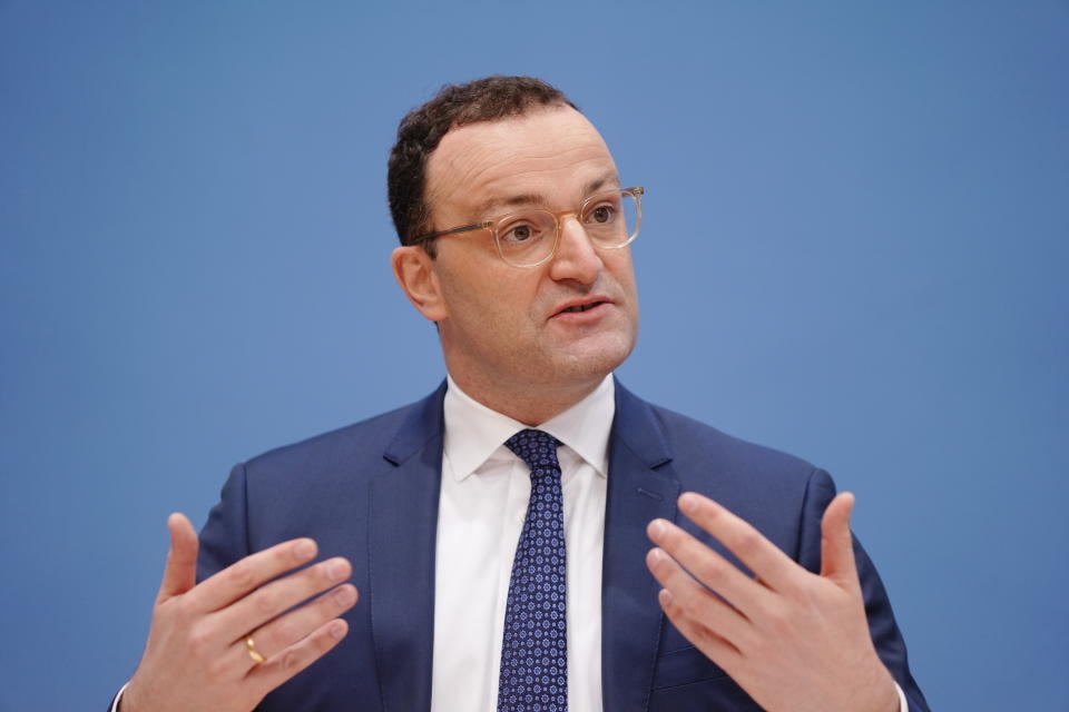 Jens Spahn, Executive Federal Minister of Health, talks during a press conference on the Corona pandemic in Berlin, Germany, Friday, Nov. 19, 2021. (Kay Nietfeld/dpa via AP)