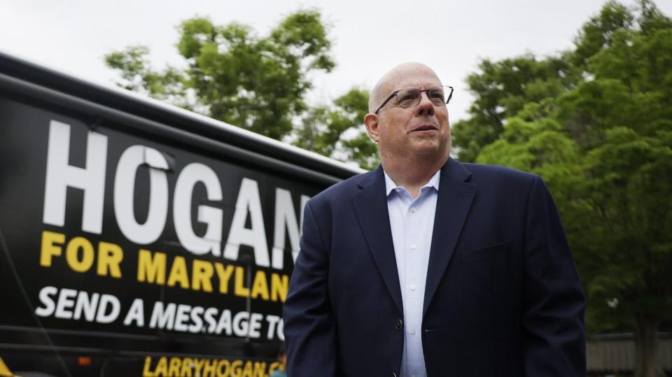 Larry Hogan, Republican candidate for U.S. Senate in Maryland, arrives at the polling place at Davidsonville Elementary School to cast his ballot in the state primary election on May 14, 2024 in Davidsonville, Maryland. (Chip Somodevilla/Getty Images)