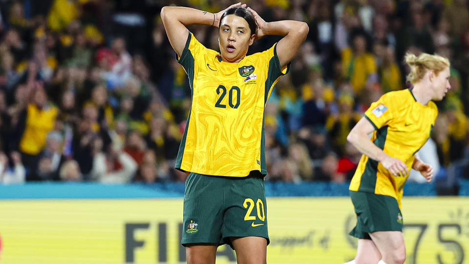 Sam Kerr reacts after the loss to England.