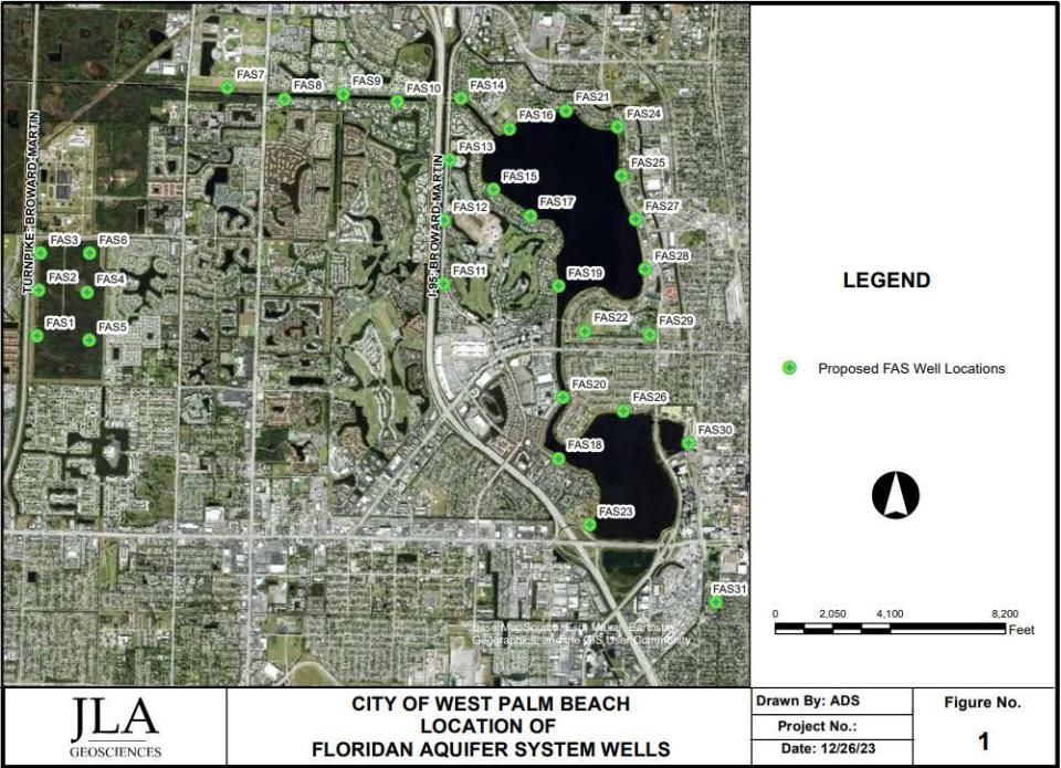Proposed well sites in West Palm Beach to reach the Floridan aquifer supply. The city is requesting permission to use the brackish groundwater system to supplement its existing surface water supply, which comes from Grassy Waters Preserve and Clear Lake.