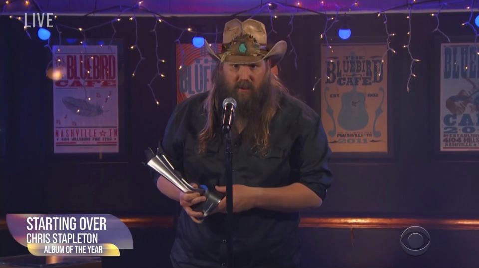 In this video grab provided by CBS, Chris Stapleton accepts the award for album of the year for "Starting Over" during the 56th annual Academy of Country Music Awards on Sunday, April 18, 2021, at the Bluebird Cafe in Nashville, Tenn. (CBS via AP)