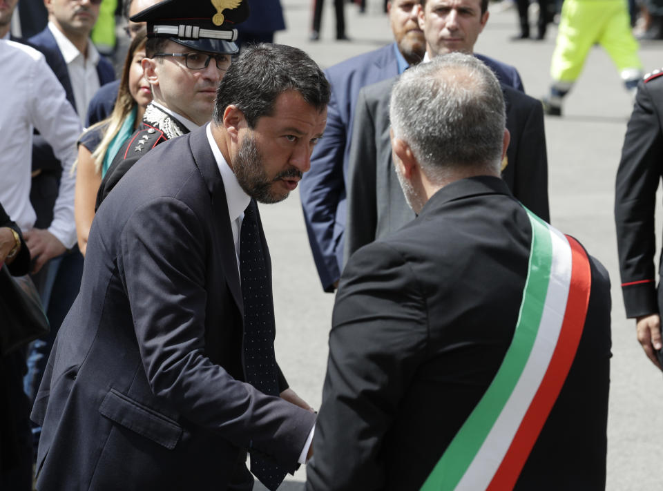 Italian Interior Minister Matteo Salvini arrives at the funeral for Carabinieri's officer Mario Cerciello Rega in his hometown of Somma Vesuviana, near Naples, southern Italy, Monday, July 29, 2019. Two American teenagers were jailed in Rome on Saturday as authorities investigate their alleged roles in the fatal stabbing of the Italian police officer on a street near their hotel. (AP Photo/Andrew Medichini)