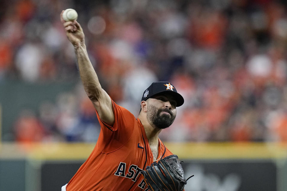 Houston Astros starting pitcher Jose Urquidy throws during the first inning in Game 2 of baseball's World Series between the Houston Astros and the Atlanta Braves Wednesday, Oct. 27, 2021, in Houston. (AP Photo/Eric Gay)