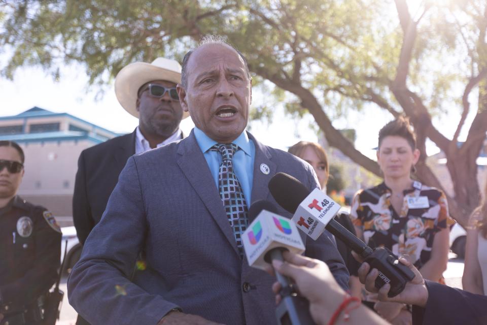 EPISD Police Department Chief Manuel Chavira speaks at a news conference Thursday, Aug. 22, 2024, about a fatal officer-involved shooting on the Franklin High School campus in West El Paso.