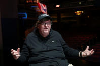 Michael Moore speaks during an interview at the site of his one-man Broadway show at the Belasco Theatre in Manhattan, New York, U.S., August 17, 2017. REUTERS/Shannon Stapleton