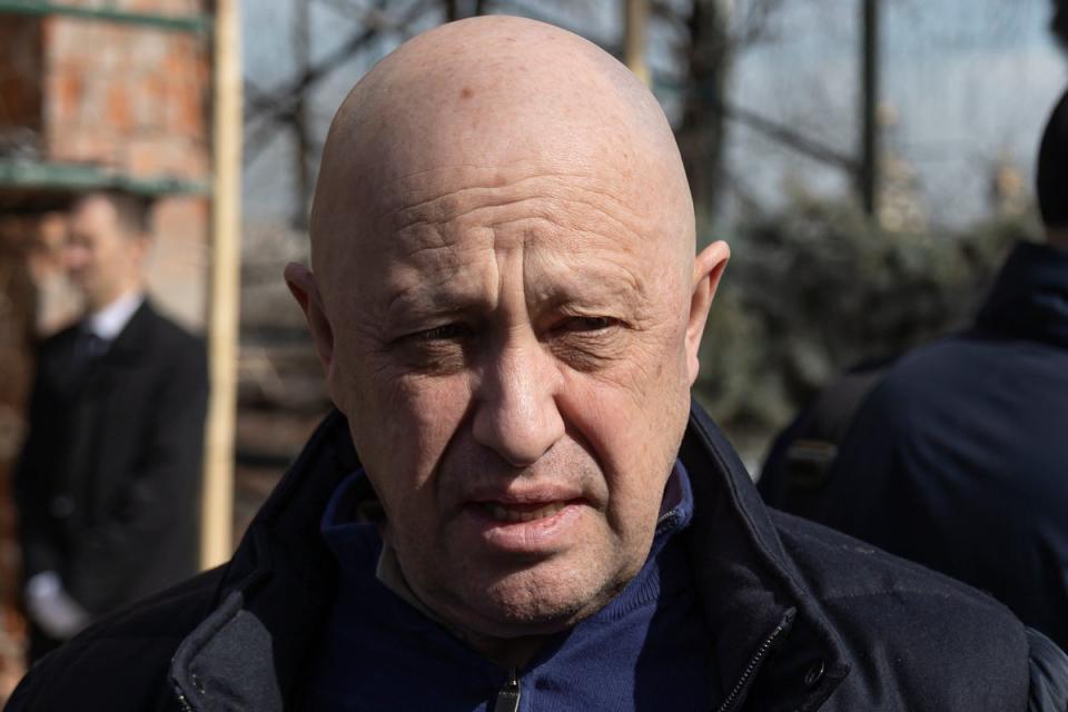 Yevgeny Prigozhin, the owner of the Wagner Group military company, arrives during a funeral ceremony at the Troyekurovskoye cemetery in Moscow, Russia, on 8 April 2023 (AP)