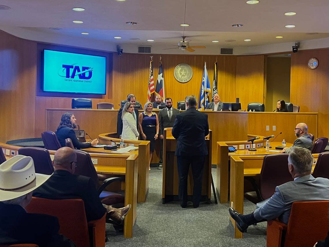 County Judge Tim O’Hare leads the swearing in of the three newly elected Tarrant Appraisal District board members on July 1, 2024. The county judge endorsed all three of the new board members who won their election in May.