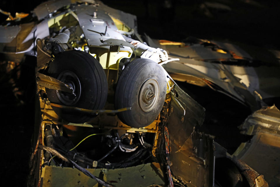 The wreckage of a drone aircraft is seen which Houthi rebels claimed to have shot down, in Sanaa, Yemen, Monday, May 23, 2022. (AP Photo/Hani Mohammed)