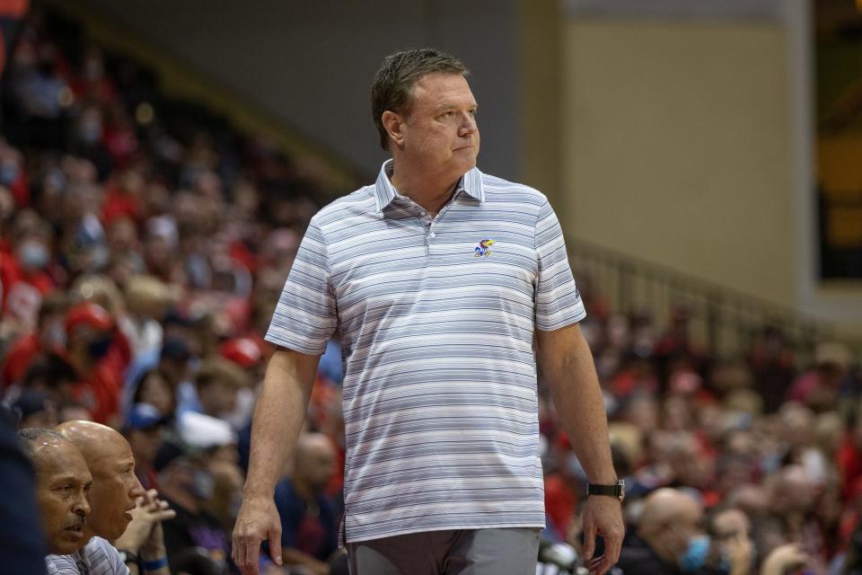 Nov 26, 2021; Orlando, FL, USA; Kansas Jayhawks head coach Bill Self on the sideline against Dayton Flyers in the first half at HP Fieldhouse Mandatory Credit: Jeremy Reper-USA TODAY Sports