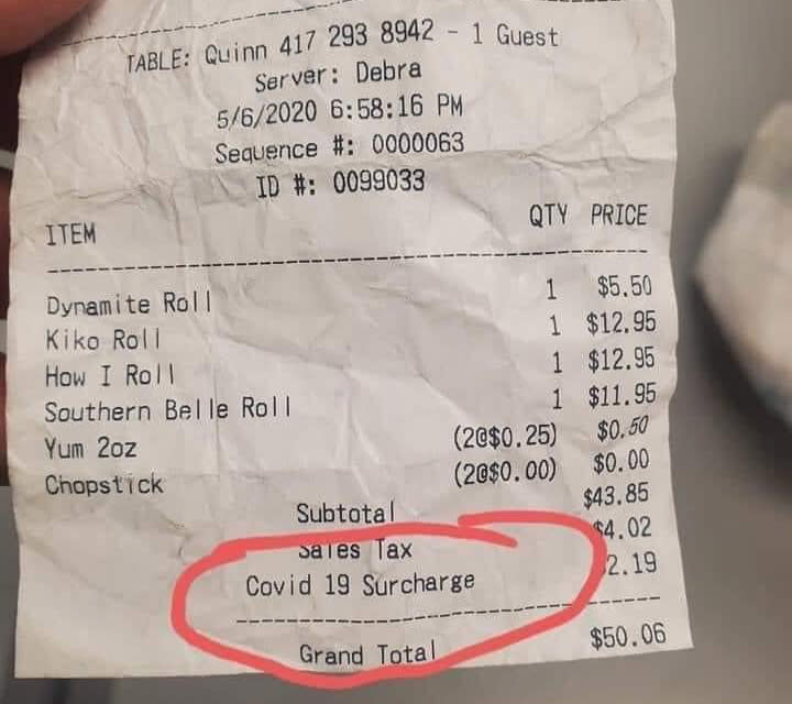 A receipt from Kiko Japanese Steakhouse & Sushi Lounge shows a COVID-19 surcharge.