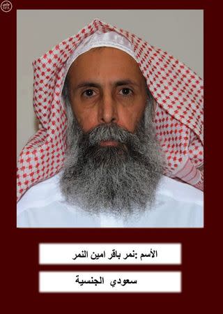 Prominent Shi'ite cleric Nimr al-Nimr is seen in this undated handout photo courtesy of Saudi Press Agency. Saudi Arabia executed 47 people, one of them al-Nimr, on Saturday for terrorism it said, an apparent message to both Sunni Muslim jihadists and Shi'ite anti-government protesters that the conservative Islamic kingdom will brook no violent dissent. REUTERS/Saudi Press Agency/Handout