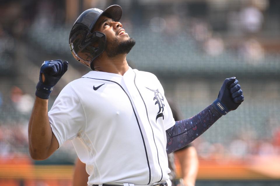 Detroit Tigers third baseman Jeimer Candelario celebrates his home run during the fourth inning against the Tampa Bay Rays at Comerica Park, Sept. 12, 2021.