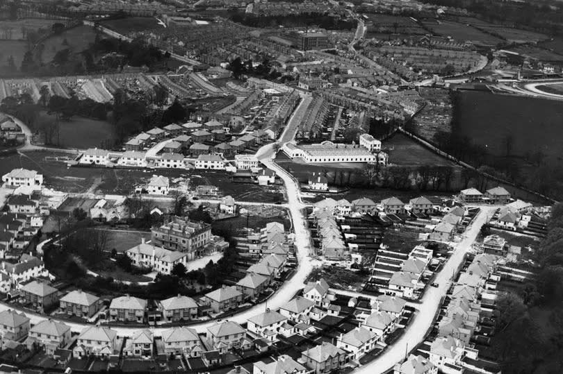 Early aerial showing Torr House, the new Farley factory and, in the distance Devonport High School for Girls (top left) opened in 1937 and Pennycross Stadium (top right)