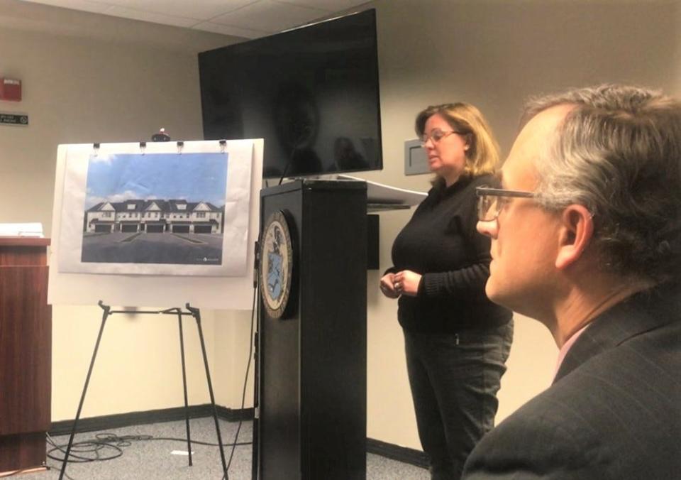 Architect Laurie Sanders describes an example of 132 townhomes Orleans-Conservatory Group Partners LP plans off Bridgeton Pike (Rt. 77) in Garrison Township, Gloucester County. Township planners approved the proposal Thursday night. PHOTO: April 18, 2024.