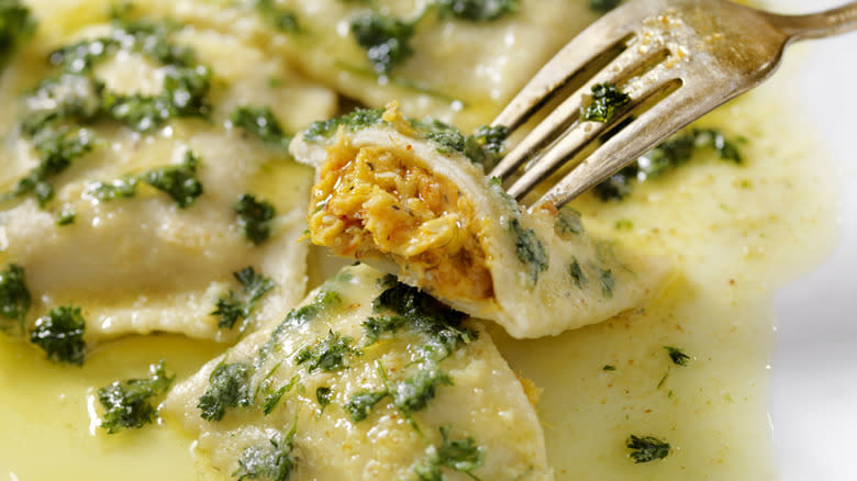 Crab ravioli in herb sauce