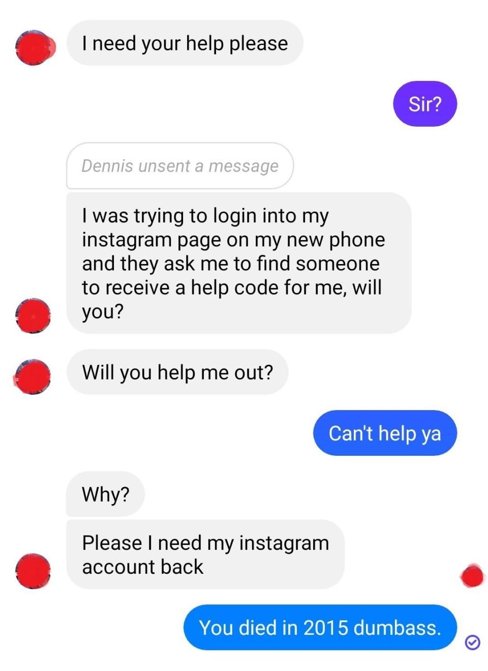 scammer gets called out on using a deceased person's facebook to scam