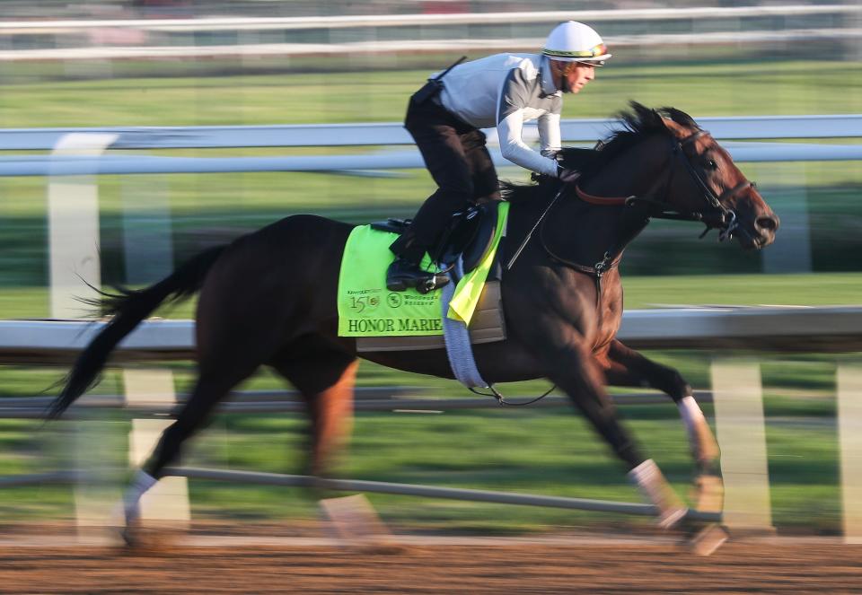 Kentucky Derby contender Honor Marie gallops with jockey Ben Curtis at Churchill Downs April 25, 2024 in Louisville, Ky. Louisville native Whit Beckman is the trainer.