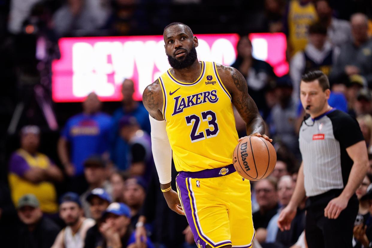 Apr 29, 2024; Denver, Colorado, USA; Los Angeles Lakers forward LeBron James (23) in the third quarter against the Denver Nuggets during game five of the first round for the 2024 NBA playoffs at Ball Arena. Mandatory Credit: Isaiah J. Downing-USA TODAY Sports