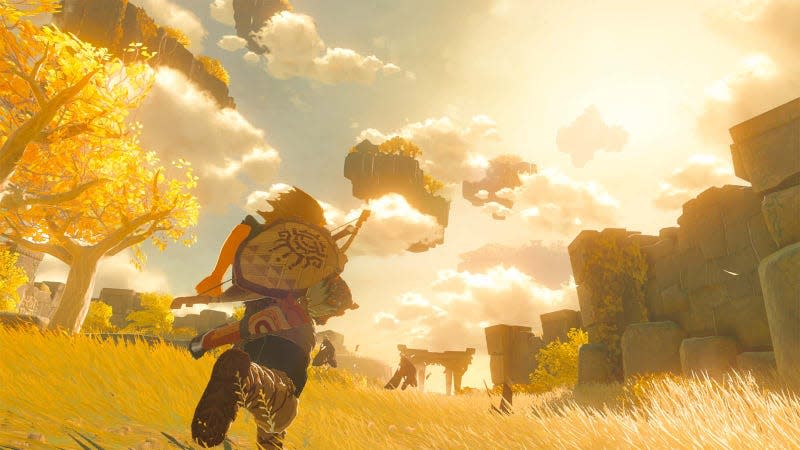Link from The Legend of Zelda Tears of the Kingdom runs toward the golden horizon. 