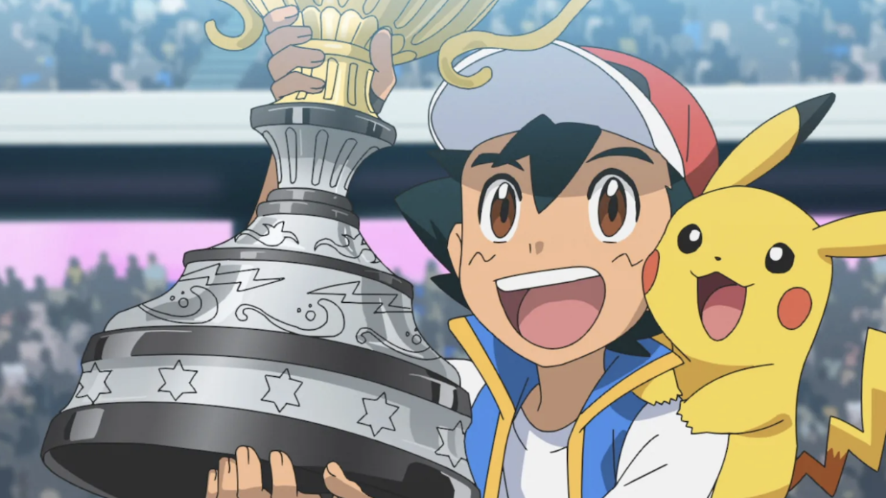  Ash and Pikachu with the trophy in Pokemon. 