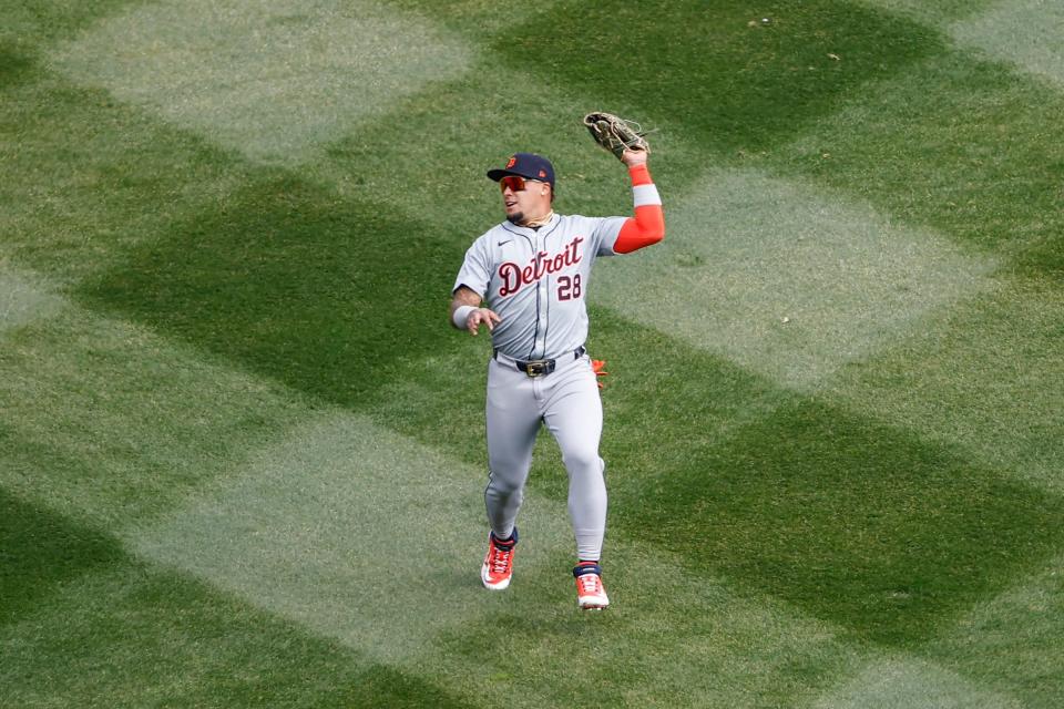 Detroit Tigers shortstop Javier Baez catches a fly ball hit by Chicago White Sox catcher Martin Maldonado during the second inning of the Opening Day game at Guaranteed Rate Field on Thursday, March 28, 2024 in Chicago.