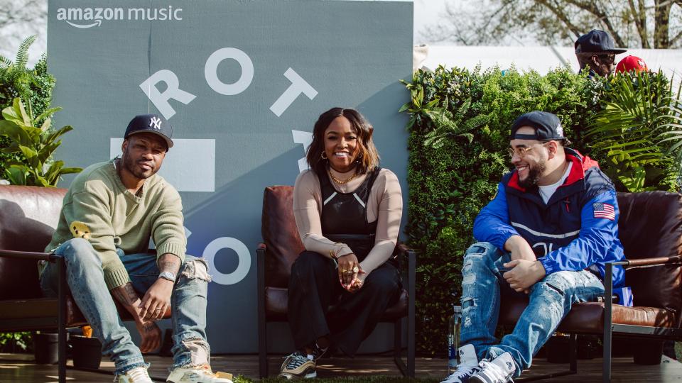 Wayno, the host of multiple Amazon Music shows, is joined by journalists Gia Peppers and Rob Markman (L-R) at Dreamville Festival 2022. Throughout the two-day livestream, the trio interviewed various performers for Rotation, Amazon Music’s flagship Hip-Hop and R&B brand. - Credit: Dan Piotrowski/Amazon Music
