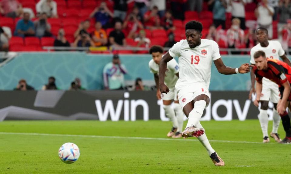 Canada’s Alphonso Davies takes his first-half penalty, which was saved by Thibaut Courtois.