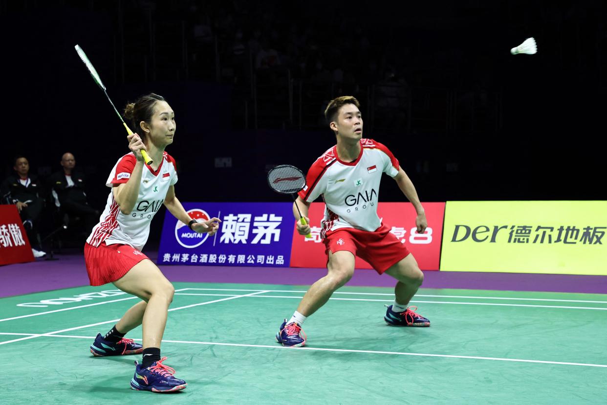 Singapore mixed doubles duo Jessica Tan (left) and Terry Hee in action at the 2023 Sudirman Cup Finals in Suzhou, China. 