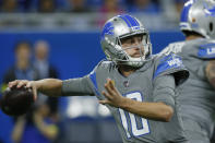 Detroit Lions quarterback Jared Goff throws during the first half of an NFL football game against the Buffalo Bills, Thursday, Nov. 24, 2022, in Detroit. (AP Photo/Duane Burleson)