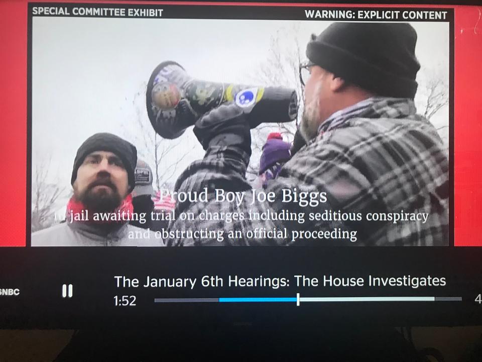 Volusia County Proud Boys leader Joseph Biggs in a screen shot from video evidence presented by the Jan. 6 committee.