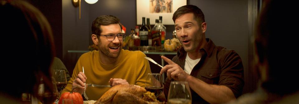 Bobby (Billy Eichner, left) and Aaron (Luke Macfarlane) fall for each other in "Bros."