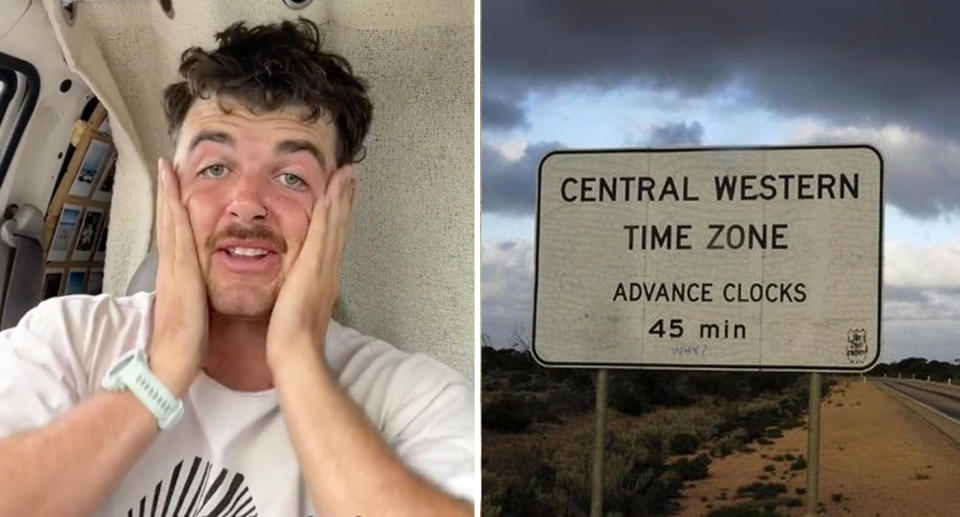 Irish backpacker Oisin Cooke after discovering the Central Western Time Zone. Source: Tiktok/ABC