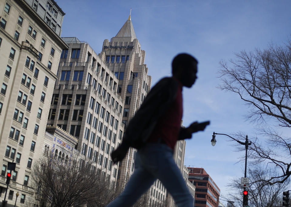 The One Franklin Square Building, home of The Washington Post newspaper, in downtown Washington, Thursday, Feb. 21, 2019. The Kentucky teen at the heart of an encounter last month with a Native American activist at the Lincoln Memorial in Washington is suing The Washington Post for $250 million, alleging the newspaper falsely labeled him a racist. His attorneys are threatening numerous other news organizations, including The Associated Press. (AP Photo/Pablo Martinez Monsivais)