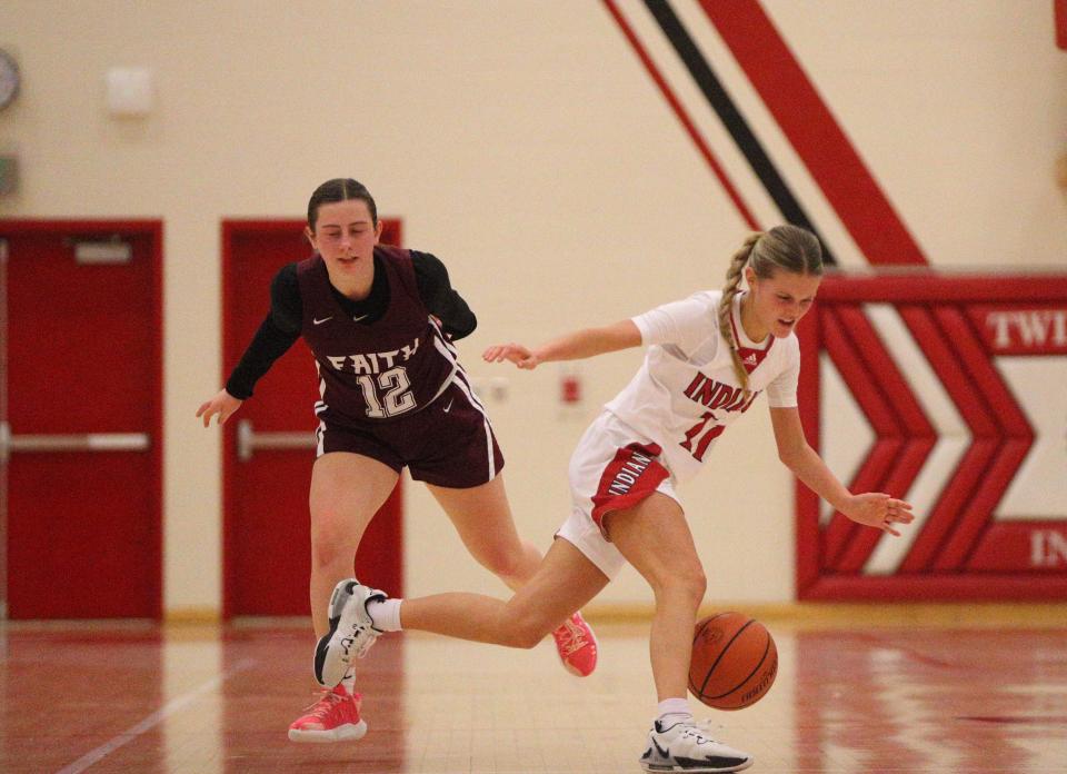 Twin Lakes junior Addie Bowsman (right) stumbles and crosses legs with Faith Christian sophomore Caya Stillings (left) during the Twin Lakes Holiday Tournament on Wednesday, Dec. 27, 2023.