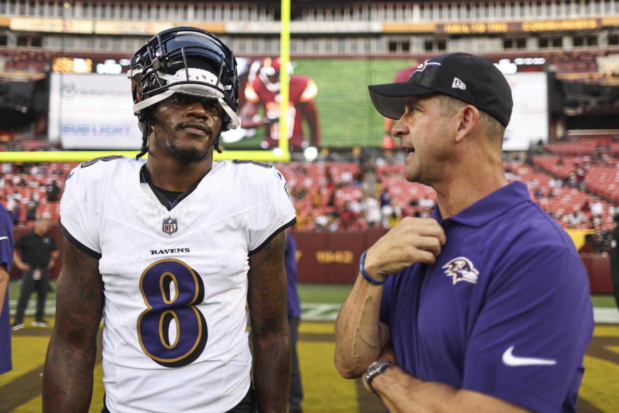 John Harbaugh has a high opinion of his two-time NFL MVP quarterback Lamar Jackson. (Photo by Michael Owens/Getty Images)