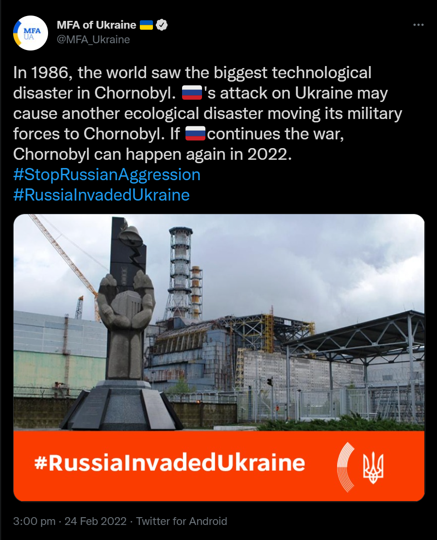 The Ukrainian foreign ministry said attacking Chernobyl could cause an ecological disaster. (Twitter)