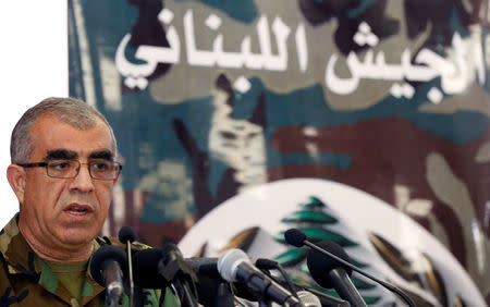 General Ali Kanso talks during a news conference at the Ministry of Defense in Yarze Village, east of Beirut, Lebanon August 19, 2017. REUTERS/Mohamed Azakir