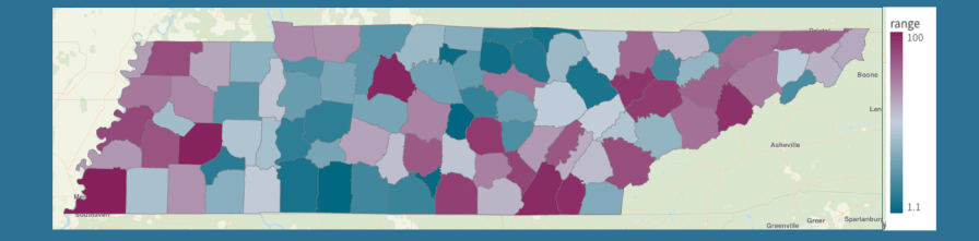 Engage Together map of TN counties, highlighted by level of human trafficking