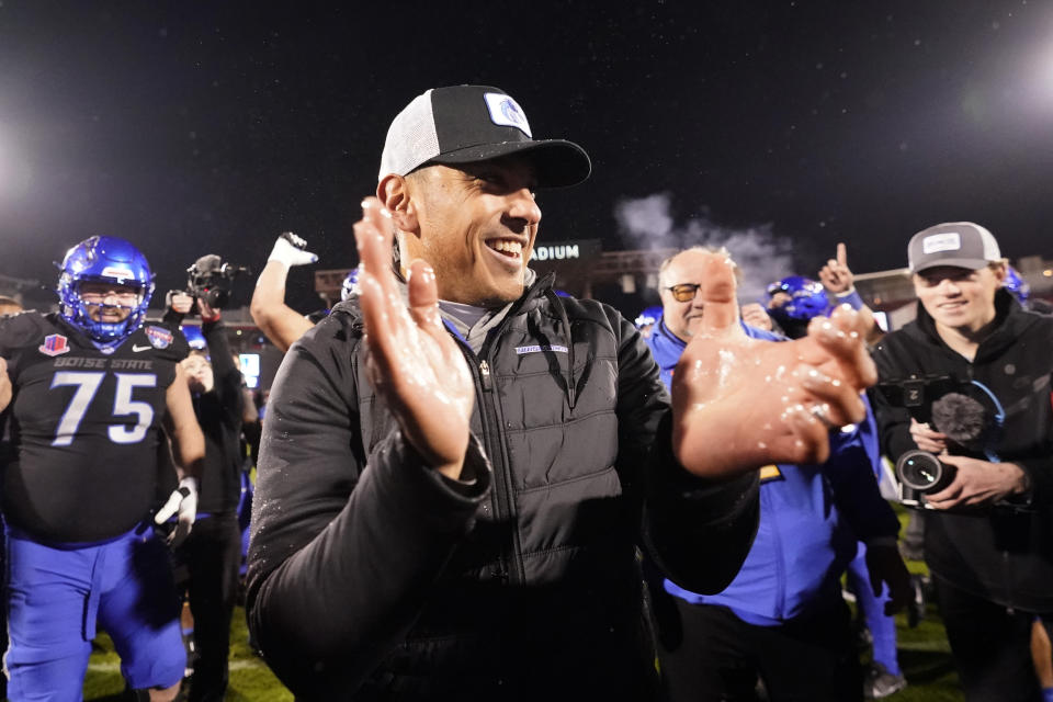Boise State head coach Andy Avalos celebrates after the Frisco Bowl NCAA college football game Saturday, Dec. 17, 2022, in Frisco, Texas. Boise State beat North Texas 35-32. (AP Photo/LM Otero)