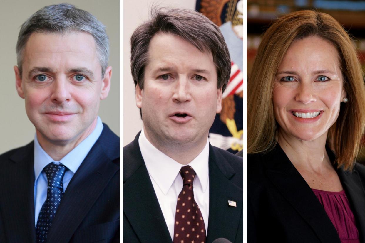 Contenders: Federal appeals court judges Raymond Kethledge (left), Brett Kavanaugh (centre) and Amy Coney Barrett: Reuters