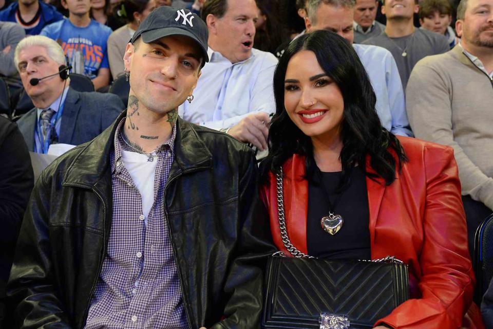 <p>Michael Simon/Shutterstock</p> Jutes and Demi Lovato at the Indiana Pacers v New York Knicks in New York City on Feb. 1, 2024