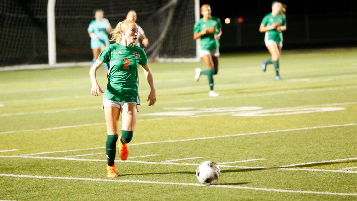 Frederick Douglass forward Maddi Merryweather looks up field in order to make a pass during the Broncos’ 2-1 win over Bethlehem. Merryweather scored the game-tying goal in the second half.