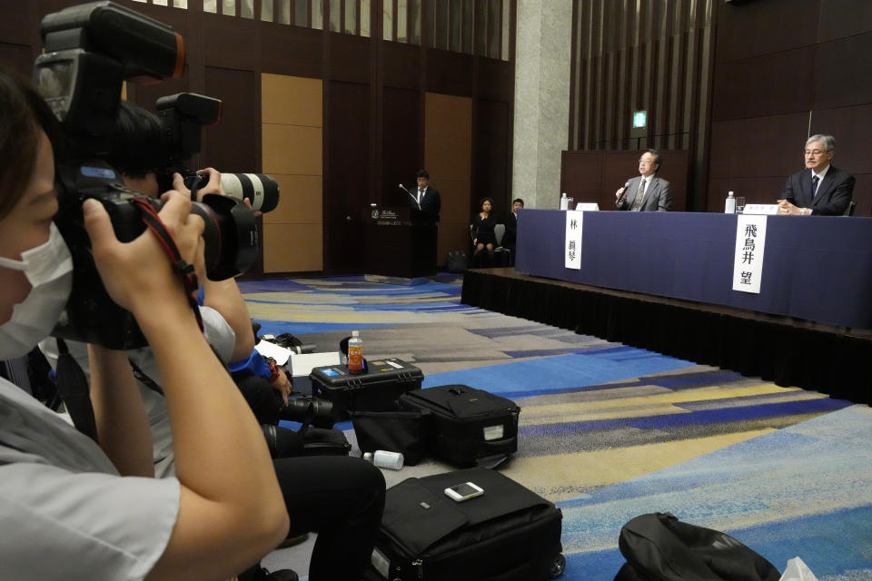 Lawyer and former Prosecutor General Makoto Hayashi, left, and Nozomi Asukai, psychiatrist who practices support for victims of sexual abuse, speak during a news conference Monday, June 12, 2023, in Tokyo. An investigation by a major Japanese talent agency into sexual abuse allegations against its founder won’t address monetary or criminality questions but rather aims to prevent such cases in the future, the lead investigator said Monday. (AP Photo/Eugene Hoshiko)