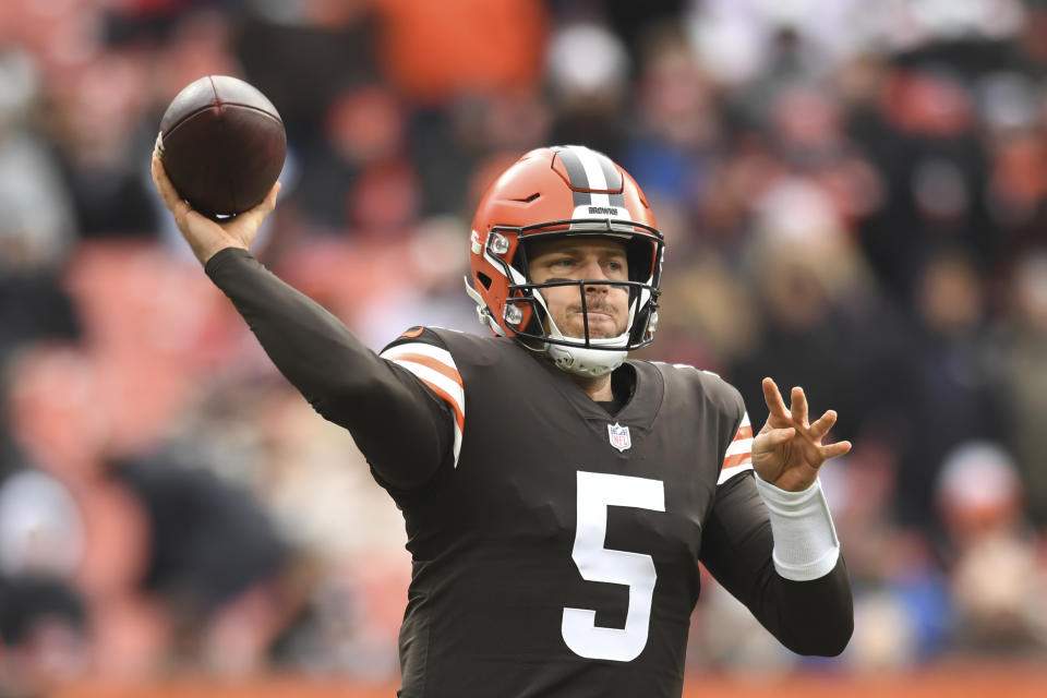 FILE -Cleveland Browns quarterback Case Keenum throws during the first half of an NFL football game against the Cincinnati Bengals, Sunday, Jan. 9, 2022, in Cleveland. While they wait to welcome Deshaun Watson, the Browns have traded backup quarterback Case Keenum to Buffalo and signed free agent QB Jacoby Brissett, a person familiar with the deal told The Associated Press on Saturday, March 19, 2022. (AP Photo/Nick Cammett, File)