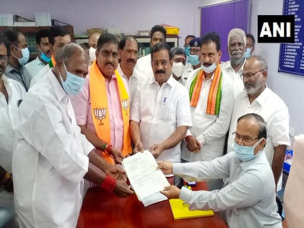 BJP candidate S Selvaganapathy filing nomination for the Rajya Sabha seat from Puducherry. (Photo/ANI)