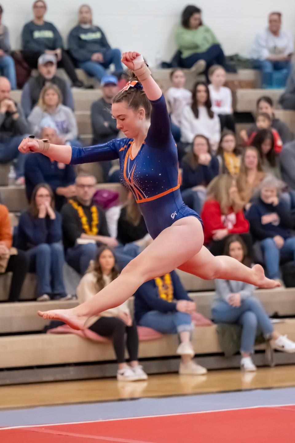 Harrison senior Sophie Ball completes a floor routine during the IHSAA girls gymnastics sectional on Saturday, Feb. 24, 2024 at Lafayette Jeff.