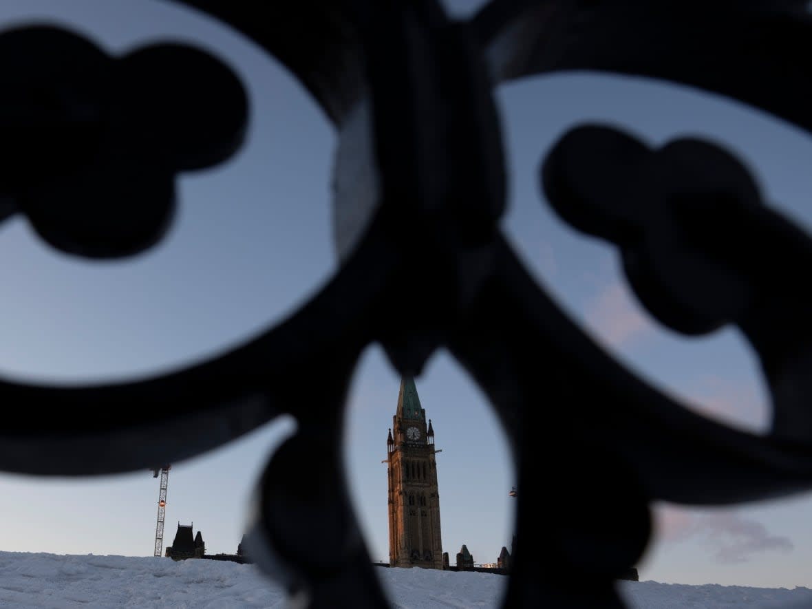 The Peace Tower is framed by a permanent fence on Parliament Hill earlier this week. (Adrian Wyld/The Canadian Press - image credit)