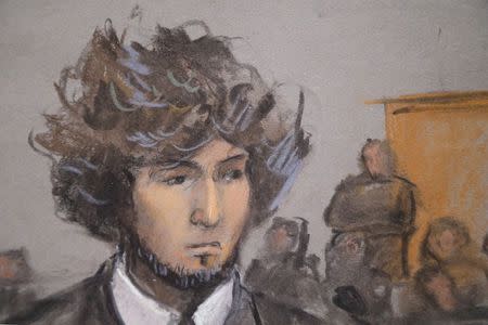 Boston Marathon bombing suspect Dzhokhar Tsarnaev is shown in a courtroom sketch during a pre-trial hearing at the federal courthouse in Boston, Massachusetts December 18, 2014. REUTERS/Jane Collins