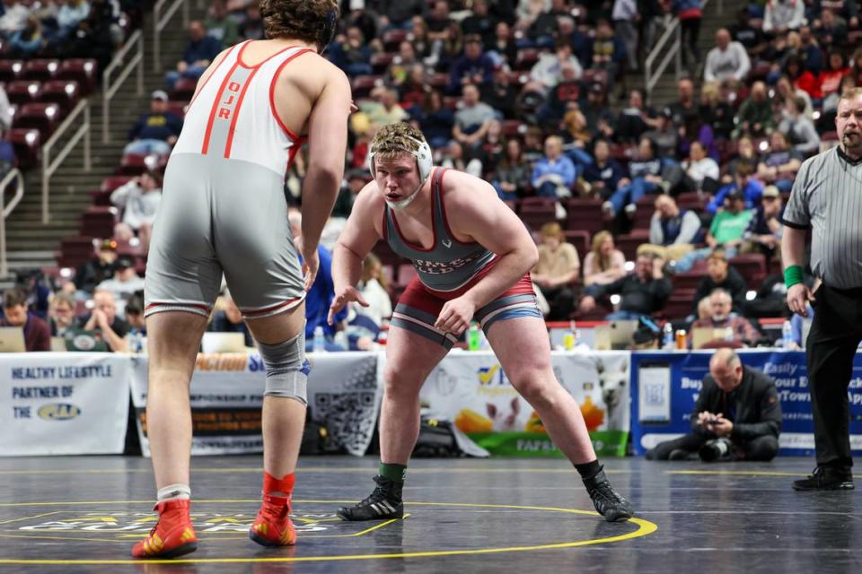 State College’s Nicholas Pavlechko faces Owen J. Roberts’ Dean Bechtold in the 285-pound PIAA Class 3A semifinal match on Friday, March 8, 2024 at the Giant Center in Hershey.
